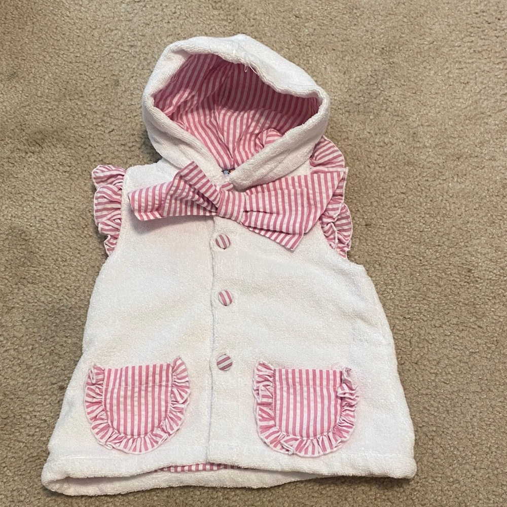 White swim coverup with pink gingham style details